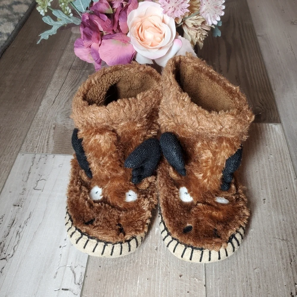 Hatley Toddler Boy Brown Moose Pull-On Slippers Size Large 11-13 EUC